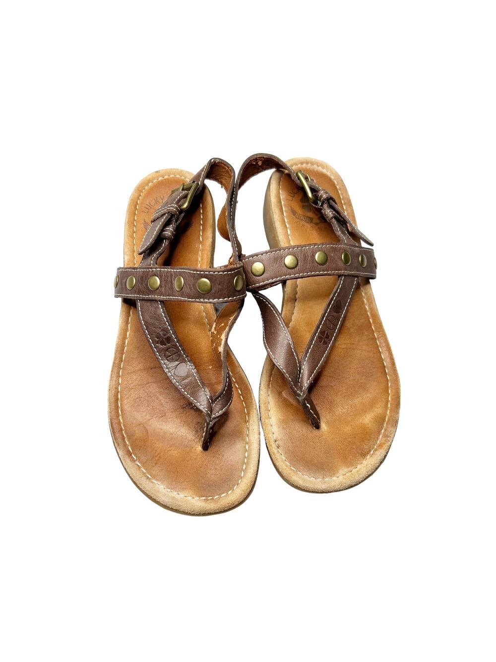 Lucky Brand Flat Sandals Brown Round Toe Prong Slingback Closed Leather Size 8